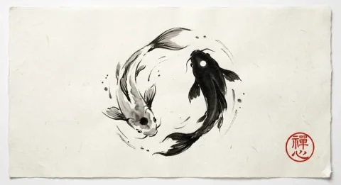Yin Yang Koi Fish Sumi-e Ink Painting — Nano Banana 2 AI Prompt: Yin and Yang, two koi fish, one white, one black, minimalist Japanese sumi-e ink...