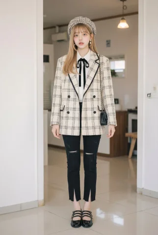 Plaid Tweed Blazer Beret Vintage Outfit — Nano Banana 2 AI Prompt: Oversized double-breasted cream tweed blazer with black plaid pattern and black...