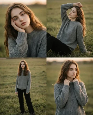 Golden Hour Field Knit Sweater Girl — Nano Banana 2 AI Prompt: A soft cinematic outdoor photoshoot of a young woman in a grassy field during go...