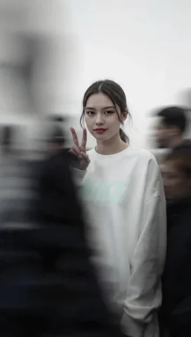 Urban Motion Blur Fashion Street Portrait — Nano Banana 2 AI Prompt: high fashion magazine pictorial of a woman in her early 20s who stands still, lo...