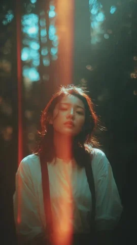Forest Light Film Grain Cinematic Portrait — Nano Banana 2 AI Prompt: A cinematic portrait of an Asian woman standing in a quiet forest, captured in a...