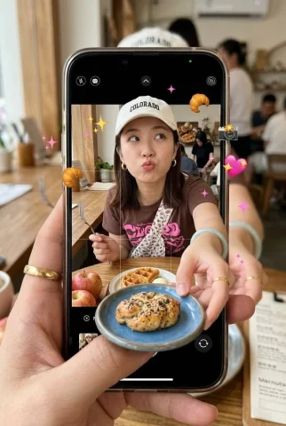 Smartphone Screen Breaking Cafe Girl — Nano Banana 2 AI Prompt: { "subject": { "description": "Young woman viewed through a smartphone screen he...