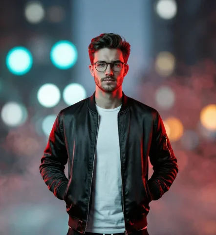 Neon Red Light Streetwear Night Portrait — Nano Banana 2 AI Prompt: Cinematic medium shot of a male figure styled in high-end streetwear. The subjec...