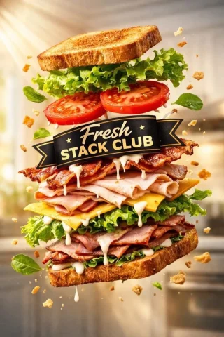 Floating Layered Sandwich Commercial Photography — Nano Banana 2 AI Prompt: High-end commercial product photography of a sandwich labeled "Fresh Stack Club"...