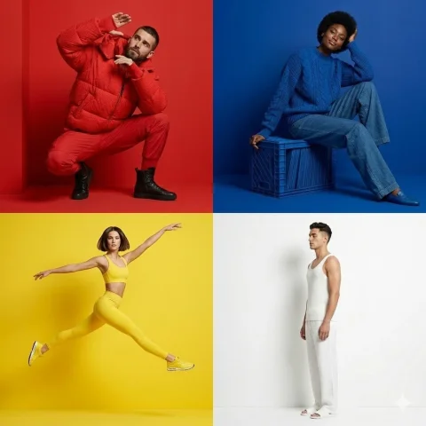 Primary Colors Fashion Portrait Grid — Nano Banana 2 AI Prompt: A four-panel square grid using strictly primary colors (Bold Red, Deep Blue, Can...