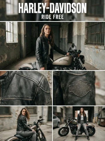 Harley-Davidson Leather Motorcycle Ad — Nano Banana 2 AI Prompt: { "Objective": "Create a cinematic fashion advertisement layout for a leather...