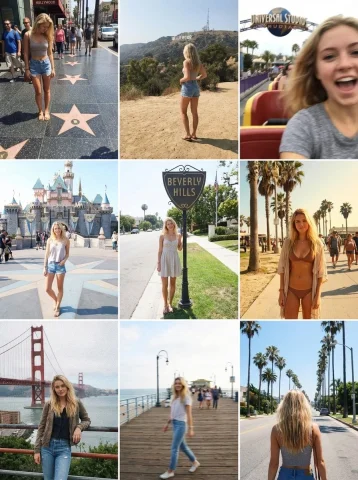 California Dreaming Landmark Travel Grid — Nano Banana 2 AI Prompt: { "Objective": "Create a 3x3 Instagram-style grid of low-quality smartphone ph...