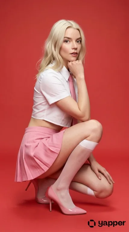 Red Background Pink School Uniform Style Kneeling High Fashion Editorial Portrait