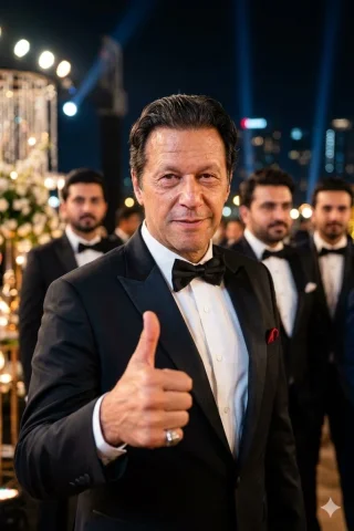 South Asian Gentleman Black Tuxedo Gala Thumbs Up Cinematic Portrait — Nano Banana 2 AI Prompt: A handsome middle-aged South Asian man in his late 50s, looking like Imran Khan,...
