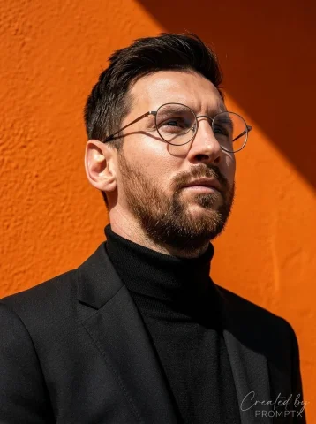Orange Wall Diagonal Sunlight Male Black Turtleneck Blazer Glasses Portrait — Nano Banana 2 AI Prompt: A cinematic, ultra-realistic portrait of a young man modeled on the reference ph...