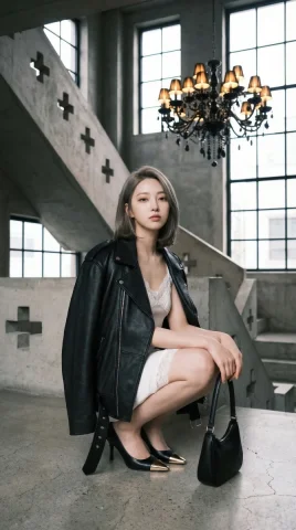 Gothic Interior Stair Crouch Leather Jacket Lace Editorial Portrait — Nano Banana 2 AI Prompt: { "portrait_prompt": { "full_prompt": "Based on , preserve the uploaded facial i...