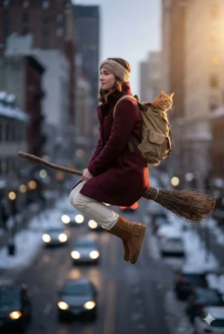 Magic Broomstick Flying Orange Cat Golden Hour Urban Fantasy Portrait — Nano Banana 2 AI Prompt: A hyper-realistic cinematic photograph of a woman, featuring the uploaded face a...