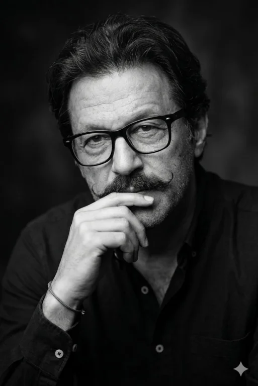 Black White Classic Male Curly Hair Glasses Handlebar Mustache Pensive Portrait