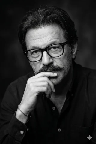 Black White Classic Male Curly Hair Glasses Handlebar Mustache Pensive Portrait — Nano Banana 2 AI Prompt: Black and white close-up portrait of a thoughtful middle-aged man with curly dar...