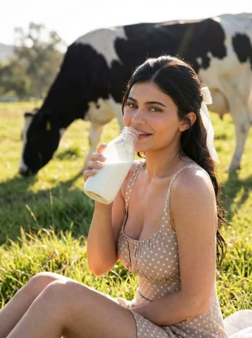Countryside Field Polka Dot Dress Milk Bottle Cow Rural Editorial Portrait — Nano Banana 2 AI Prompt: { "image_generation_prompt": { "subject": { "description": "Young woman sitting...