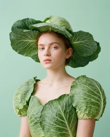 Botanical Haute Couture Cabbage Leaf Hat Mint Green Editorial Portrait — Nano Banana 2 AI Prompt: { "vibe_title_en": "Botanical Haute Couture", "master_prompt": "Professional med...