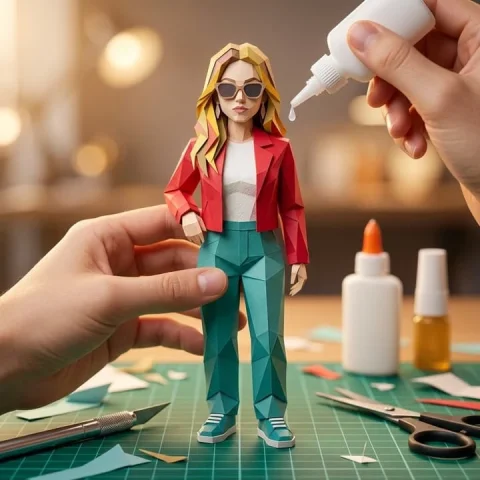 3D Paper Craft Origami Figurine Cutting Mat Workbench Character — Nano Banana 2 AI Prompt: Transform this image into a highly detailed 3D paper craft figurine of the same...