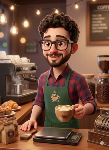 3D Cartoon Barista Pixar Style Coffee Shop Character — Nano Banana 2 AI Prompt: A high-quality 3D rendered character of a young, friendly barista with big expre...
