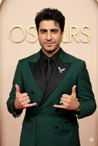 Oscars Red Carpet Emerald Green Tuxedo Male Portrait — Nano Banana 2 AI Prompt: A handsome Pakistani actor with fair skin, sharp facial features, thick dark wav...