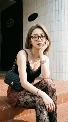 Studio Steps Black Lace Plaid Mini Skirt Street Editorial Portrait — Nano Banana 2 AI Prompt: { "portrait_prompt": { "full_prompt": "Based on , preserve the uploaded facial i...