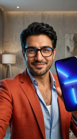 South Asian Orange Blazer Smartphone Warm Professional Male Portrait — Nano Banana 2 AI Prompt: A highly detailed professional portrait of a handsome man in his mid-30s with So...