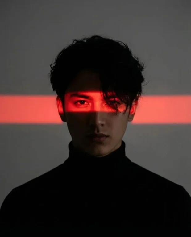 Cyberpunk Red Neon Light Strip Dark Male Portrait