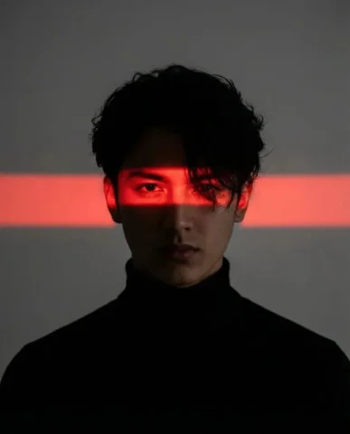 Cyberpunk Red Neon Light Strip Dark Male Portrait — Nano Banana 2 AI Prompt: Cinematic studio portrait of a young man with messy textured hair, wearing a bla...