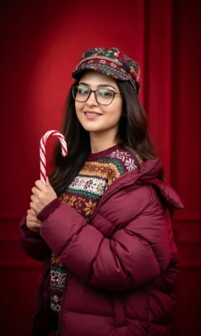 Red Gradient Background Puffer Jacket Candy Cane Commercial Portrait — Nano Banana 2 AI Prompt: Turn my uploaded image into a clean studio-style portrait with a deep red gradie...