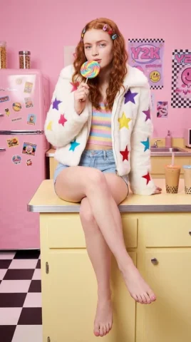 Y2K Pink Kitchen Lollipop Retro Fashion Portrait — Nano Banana 2 AI Prompt: { "subject": { "identity": { "facial_morphology": "Slightly squared jawline, you...
