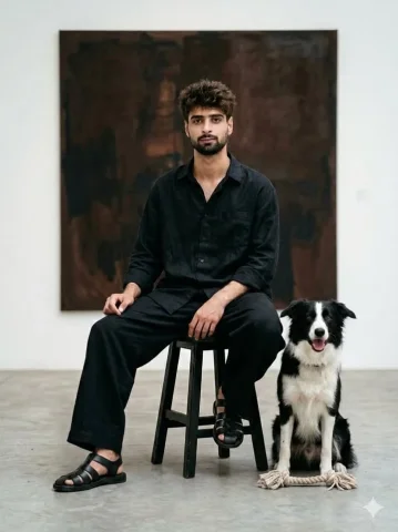 Minimalist Art Gallery Black Linen Shirt Border Collie Male Portrait — Nano Banana 2 AI Prompt: A highly detailed minimalist art gallery portrait of this young man with fair sk...