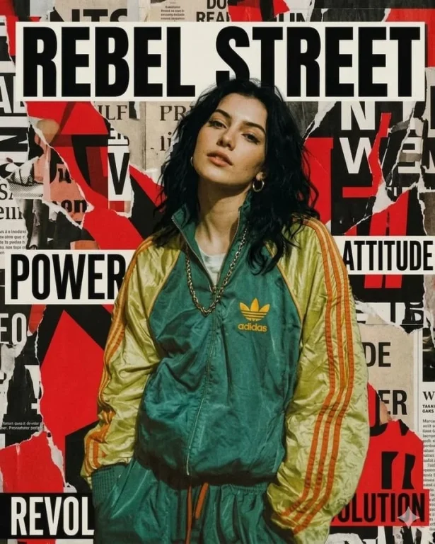 Rebel Street Torn Poster Retro Tracksuit Grunge Editorial Portrait