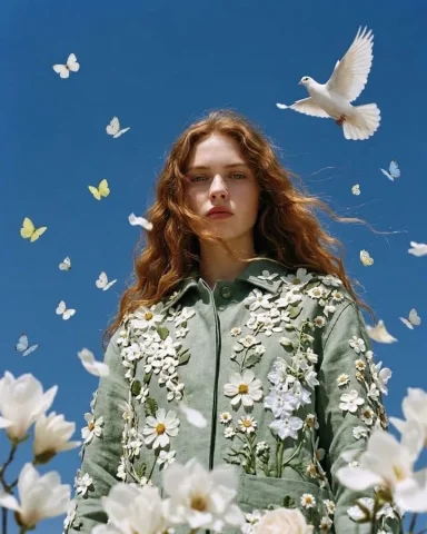 Floral Editorial Doves Butterflies Blue Sky Ethereal Fashion Portrait — Nano Banana 2 AI Prompt: A stunning high-fashion editorial portrait of a young woman with long, wavy aubu...