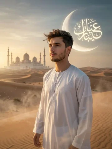 Eid Mubarak Desert Moonlight Blessing — Nano Banana 2 AI Prompt: SUBJECT: A young man (Same face as reference image)(mid-20s), strong features, s...