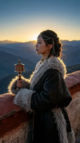 Tibetan Monastery Terrace Golden Hour Prayer Wheel Silhouette Portrait — Nano Banana 2 AI Prompt: { "portrait_prompt": { "subject": { "description": "Based on , standing at a Tib...