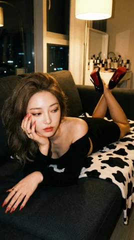 Late Night Sofa Prone Red Sole Heels Cat Eye Makeup Languid Portrait — Nano Banana 2 AI Prompt: { "portrait_prompt": { "subject": { "description": "Based on , lying PRONE (face...