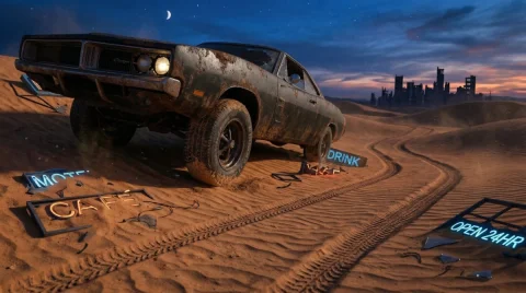 Desert Abandoned Muscle Car Blue Hour Cinematic Scene — Nano Banana 2 AI Prompt: Cinematic 8K low-angle: rusted matte-black 1970s muscle car half-buried in deser...
