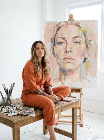 Minimalist Art Studio Female Artist Jumpsuit Editorial Portrait — Nano Banana 2 AI Prompt: A minimalist art studio with soft natural window light, a young female artist si...