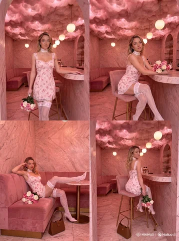 Pink Cloud Ceiling Cocktail Bar Surreal Editorial Portrait — Nano Banana 2 AI Prompt: { "meta": { "quality": "ultra_photorealistic, raw style, 8k", "camera": "iPhone...