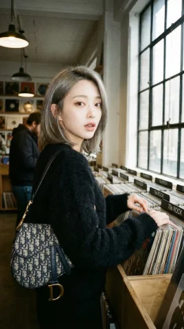 Independent Record Store Vinyl Browsing Candid Portrait — Nano Banana 2 AI Prompt: { "portrait_prompt": { "subject": { "description": "Based on , a young woman bro...
