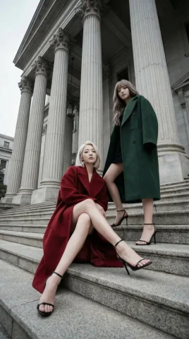 Neoclassical Columns Red Green Color-Block Duo Fashion Editorial Portrait — Nano Banana 2 AI Prompt: { "portrait_prompt": { "subject": { "description": "Two young women on the grand...