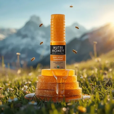 Honey Product Meadow Honeycomb Golden Hour Commercial Advertising Photography — Nano Banana 2 AI Prompt: Ultra-realistic product photography of a golden honey bottle labeled "Nutri Hone...