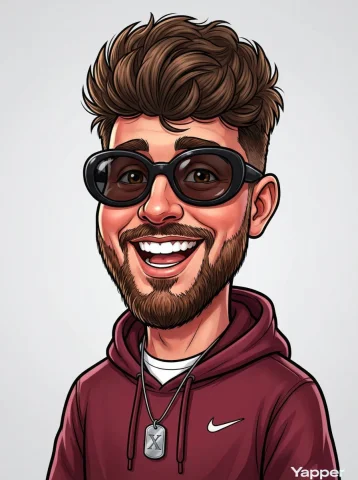 3D Cartoon Caricature Portrait X Dog Tag Necklace Design — Nano Banana 2 AI Prompt: A highly detailed cartoon caricature portrait of an excited bearded man with thi...