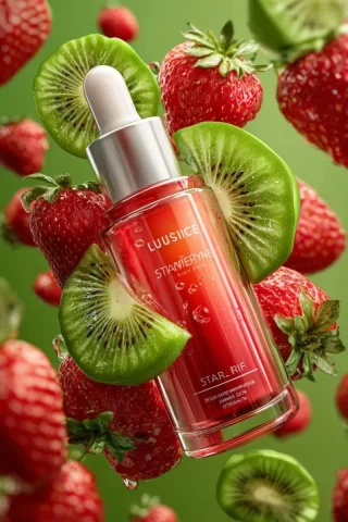 3D Floating Cosmetic Bottle Fruit Gradient Series Product Design — Nano Banana 2 AI Prompt: 3D floating cosmetic bottle, gradient from juicy strawberry red to fresh kiwi gr...