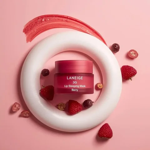 LANEIGE Lip Sleeping Mask Berry Whipped Cream Luxury Product Ad — Nano Banana 2 AI Prompt: A centrally placed pink cosmetic jar labeled "LANEIGE Lip Sleeping Mask [Berry]...
