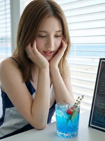 Blue Cocktail Restaurant Fujifilm Color Grading Portrait — Nano Banana 2 AI Prompt: Based on , medium professional photography frontal shot of a girl wearing navy +...