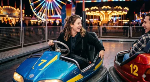 Night Amusement Park Bumper Car Korean Girl Flash Candid Portrait — Nano Banana 2 AI Prompt: Ultra-realistic cinematic photograph of a beautiful young Korean woman in her ea...