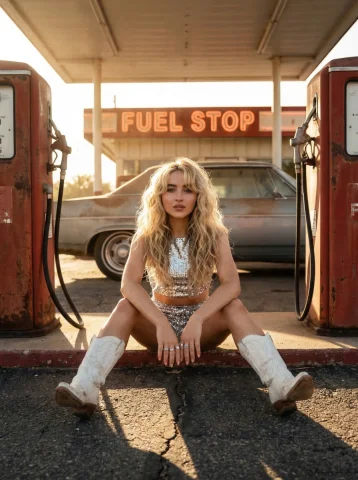 Retro Gas Station Silver Sparkle Cowboy Boots Americana Nostalgic Portrait — Nano Banana 2 AI Prompt: { "image_generation_prompt": { "subject": { "description": "Young wo...