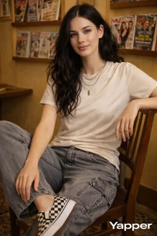 Y2K Retro Magazine Room Wooden Chair Fashion Portrait — Nano Banana 2 AI Prompt: Photorealistic fashion portrait of a stylish young woman with long wavy black ha...