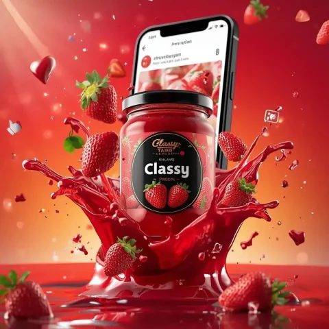 Strawberry Jam Glass Jar Social Media Creative Advertising Photography — Nano Banana 2 AI Prompt: Ultra-realistic commercial food product advertising scene featuring a glass jar...