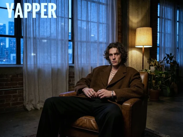 Moody Dark Loft Night Leather Chair Male Model Cinematic Editorial Portrait